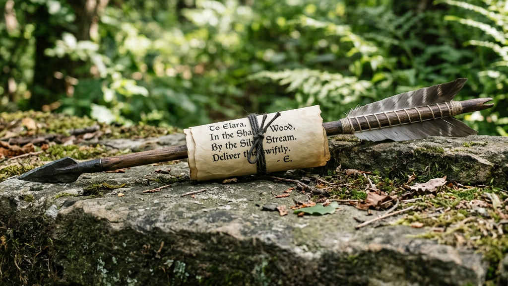 Arrow with parchment note tied by string on mossy rock in forest